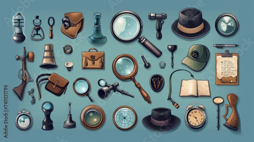 A vector set of detective icons featuring various elements such as a magnifying glass, cap, binoculars, gun, radar, hat, notepad, pipe, and more photo