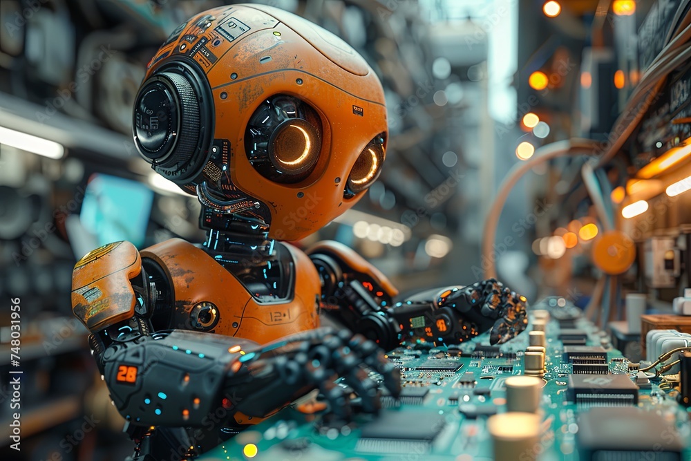 a robot with a pcb in its hands is working on a circuit board, uhd image, industrial machinery aesthetics. Generative AI. a robot with a pcb in its hands is working on a circuit board, uhd image, industrial machinery aesthetics. Generative AI.