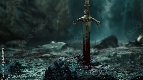 Excalibur, the legendary sword embedded in the stone, symbolizing King Arthur's rightful rule