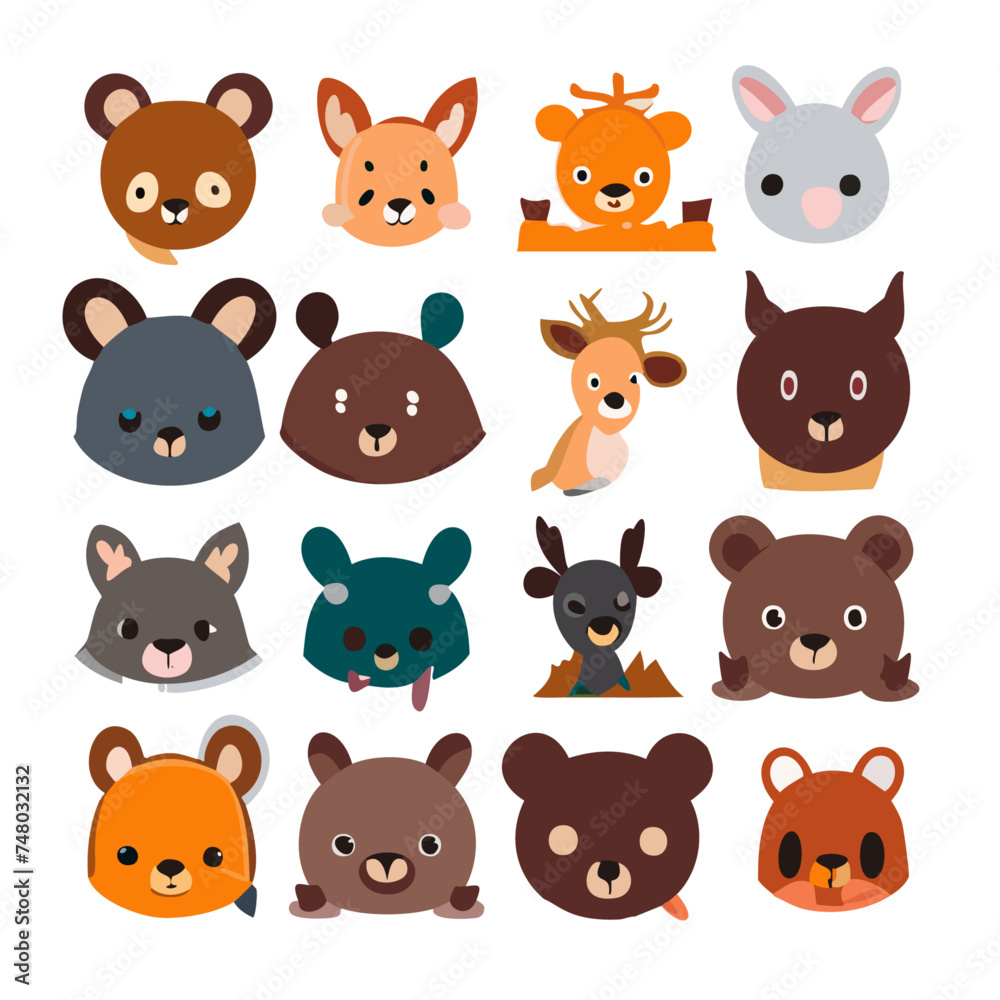 Vector Illustrations of Cute Woodland Forest Animals: Bear, Foxes, Deer, Raccoon, Rabbit, Rat, Squirrel, Owl, collection of vector animals, vector forest animals, cute vector animals icon cutouts