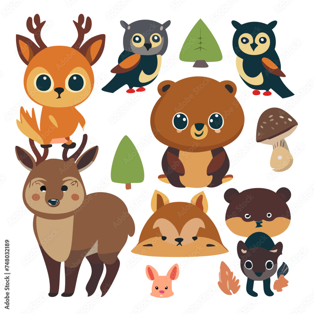 Naklejka premium Vector Illustrations of Cute Woodland Forest Animals: Bear, Foxes, Deer, Raccoon, Rabbit, Rat, Squirrel, Owl, collection of vector animals, vector forest animals, cute vector animals icon cutouts