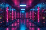 a view of an empty modern data center full of modern servers and rack, in the style of digital neon. Generative AI