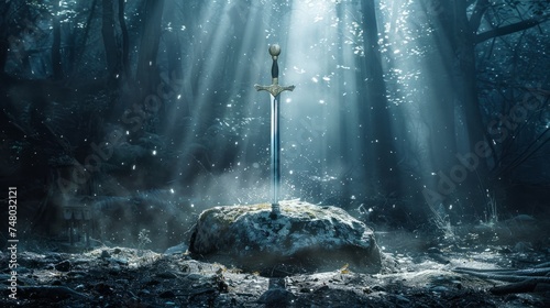 Excalibur, the sword in the stone, shines amidst a dark forest, with light rays and dust adding to the mystique photo