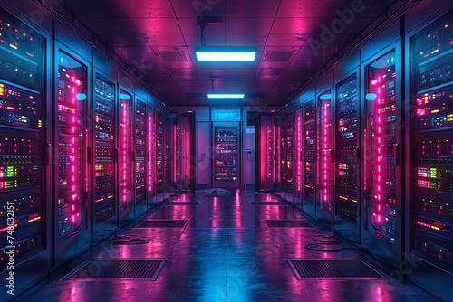 a view of an empty modern data center full of modern servers and rack, in the style of digital neon. Generative AI