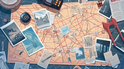 A detective's investigation board featuring pinned photos, newspapers, and notes as part of the cops' plan to solve the crime, depicted in a vector illustration of a detective map photo