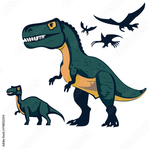Vector Illustration of Dinosaurs: Stegosaurus, Brontosaurus, Velociraptor, Triceratops, Tyrannosaurus Rex, Spinosaurus, Pterosaurs