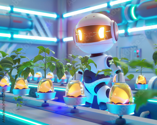 Futuristic robotic farmhands managing a hydroponic garden, vibrant 3D cartoon, sustainable tech photo