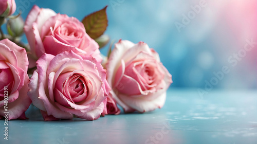bouquet of pink roses over pastel blu background with copy space 