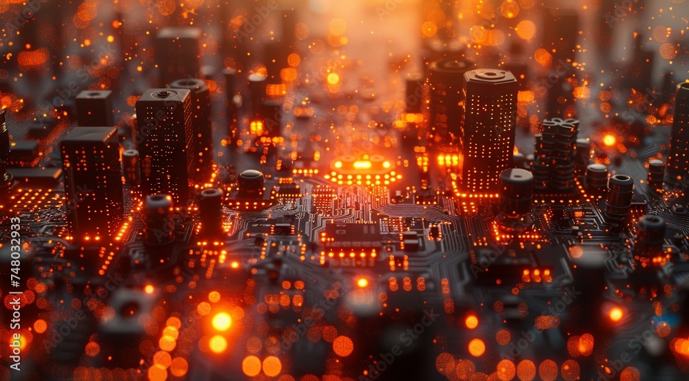 board with a electronic circuit board and some buildings, in the style of vray tracing. Generative AI