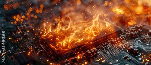 computer board concept with a fire, in the style of light orange and light bronze. Generative AI