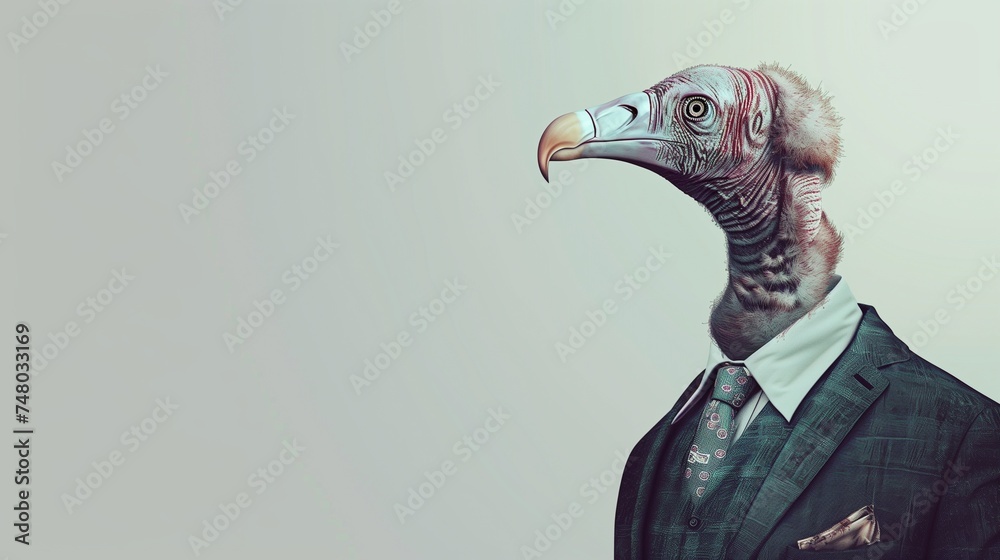 a vulture wearing a suit with a tie on a plain white background on the left side of the image and the right side blank for text - obrazy, fototapety, plakaty 