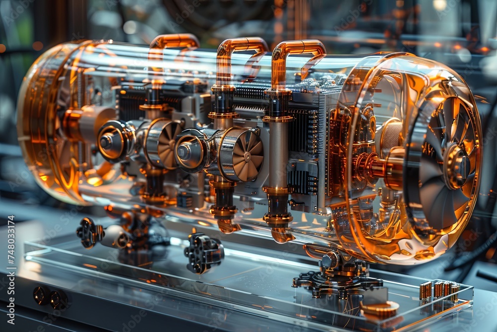 Fototapeta premium a computer with many computer chips and the fans on the tower, photo-realistic techniques, precise hyperrealism. Generative AI