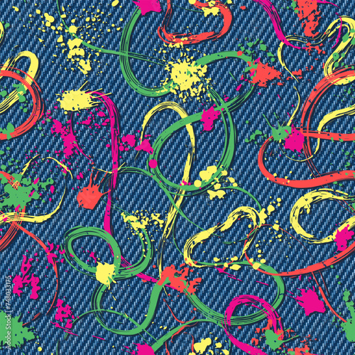 Seamless blue denim pattern with colorful abstract wavy lines, paint brush strokes, blots, spattered paint. Random composition. Grunge style