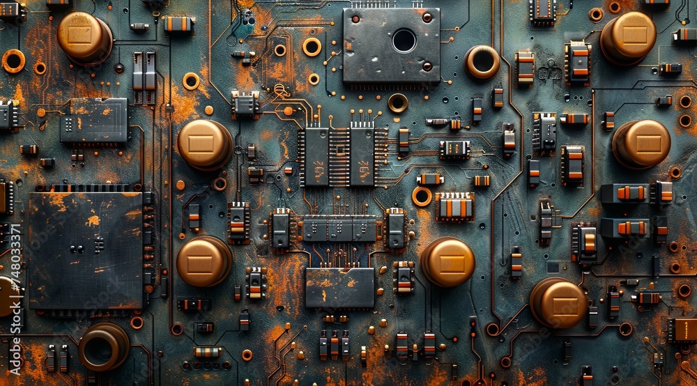 computer circuit board and electronic components stock photo, in the style of dark sky-blue and light orange. Generative AI. computer circuit board and electronic components stock photo, in the style of dark sky-blue and light orange. Generative AI.
