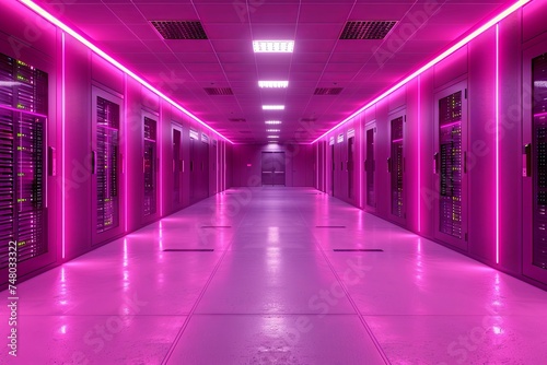 a server room with server racks in the dark, in the style of light indigo and black, glassy translucence. Generative AI.