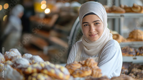 Mujer con hiyab trabajando en una pastelería  photo
