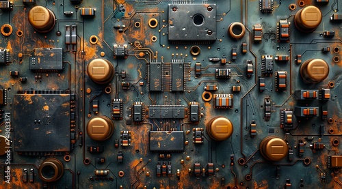 computer circuit board and electronic components stock photo, in the style of dark sky-blue and light orange. Generative AI.