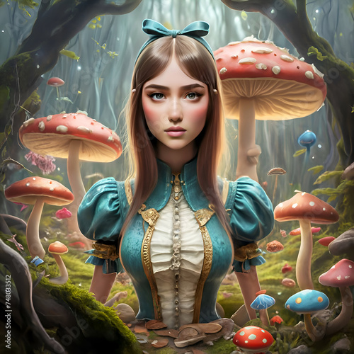 Alice in the wonderland forest aroound  mushrooms. close up. Ai generated photo