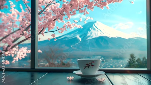 Coffee with view mount Fuji at spring . seamless looping 4k time-lapse animation background photo