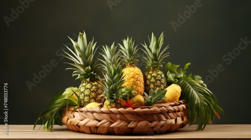 Fresh pineapple fruit in basket with colorful background  Tropical fruit