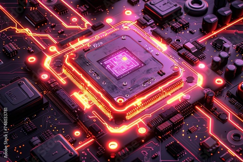 hardware chip isolated on black background electrical circuit board rendering abstract computer, neon-infused digitalism. Generative AI.