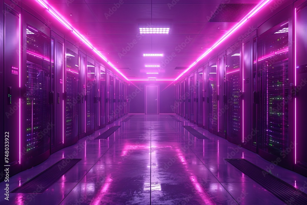 a server room with server racks in the dark, in the style of light indigo and black, glassy translucence. Generative AI. - obrazy, fototapety, plakaty 