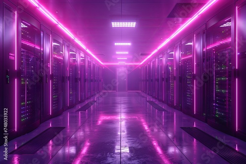 a server room with server racks in the dark, in the style of light indigo and black, glassy translucence. Generative AI.