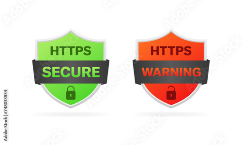 HTTPS secure and warning icons. HTTPS shield icons. Flat style. Vector icons