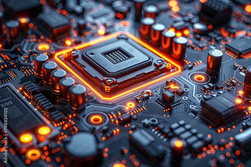 hardware chip isolated on black background electrical circuit board rendering abstract computer, neon-infused digitalism. Generative AI - obrazy, fototapety, plakaty 