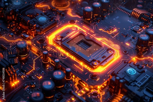 hardware chip isolated on black background electrical circuit board rendering abstract computer, neon-infused digitalism. Generative AI