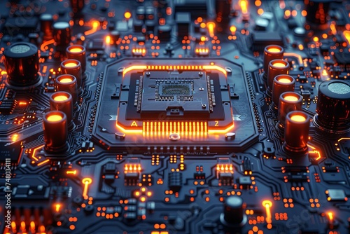 hardware chip isolated on black background electrical circuit board rendering abstract computer, neon-infused digitalism. Generative AI