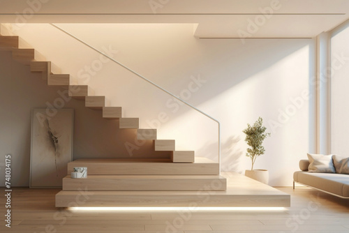 A seamless fusion of form and function unfolds in the clean  minimalist lines of a Scandinavian staircase  basking in the glow of soft illumination.