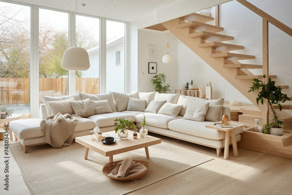 Scandinavian stairs leading to a well-lit living room adorned with beige furnishings, including sofas and a wooden table.