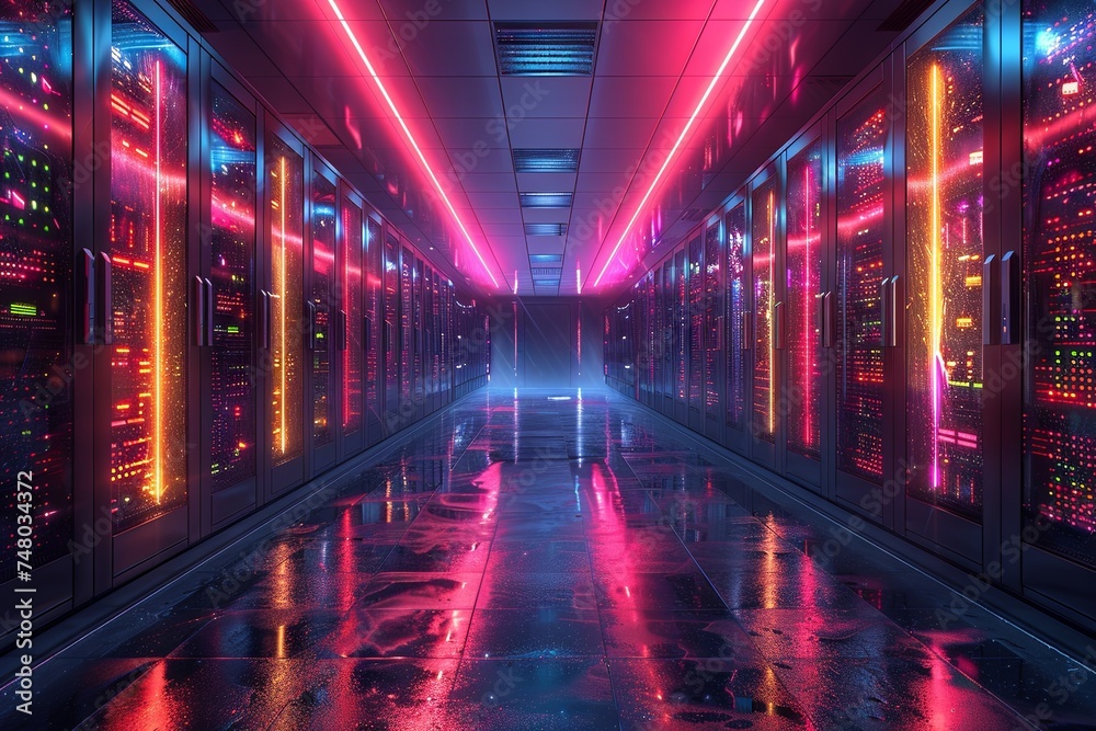 a server room with server racks in the dark, in the style of light indigo and black, glassy translucence. Generative AI. a server room with server racks in the dark, in the style of light indigo and black, glassy translucence. Generative AI.