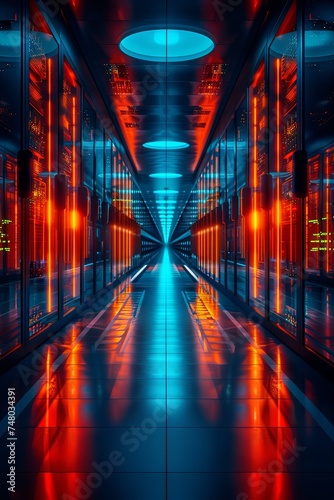 a server room with server racks in the dark, in the style of light indigo and black, glassy translucence. Generative AI.