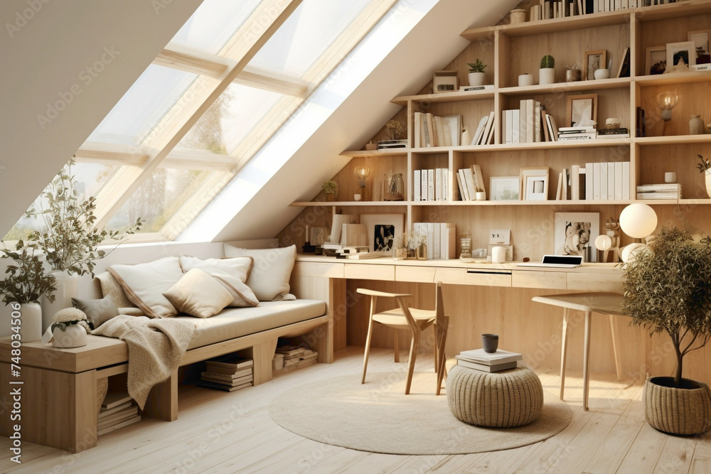 A tranquil Scandinavian study space adorned with beige hues and natural materials, featuring a staircase leading to a mezzanine level filled with shelves of books and cozy reading nooks.