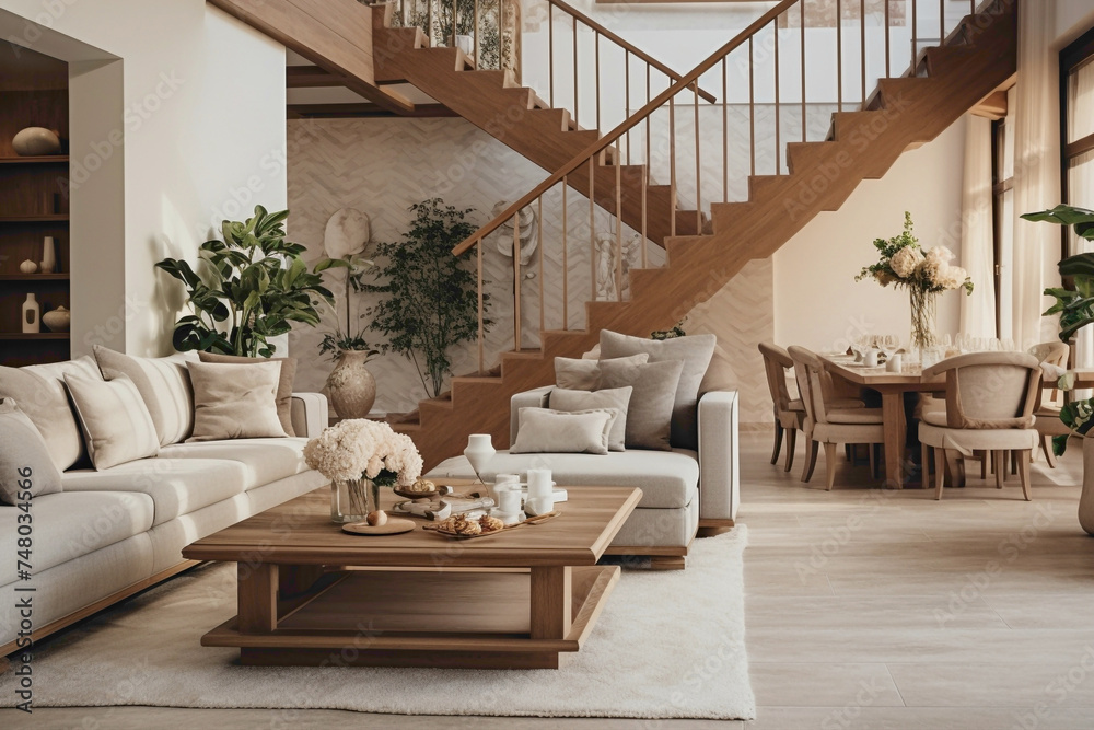Interior shot highlighting the elegance of beige stairs, a wooden table, and a cozy living room setup.