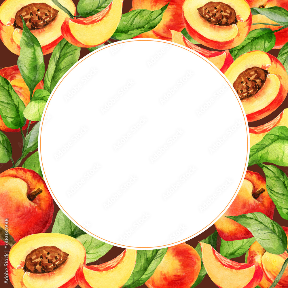 watercolor circle white frame with illustration of summer fruit, peach or apricot, nectarine on a branches with green leaves, sketch of sweet food with slices of fruits, brown background