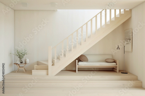 Nordic minimalism meets understated sophistication in a pristine beige staircase  set against a backdrop of clean  airy spaces.