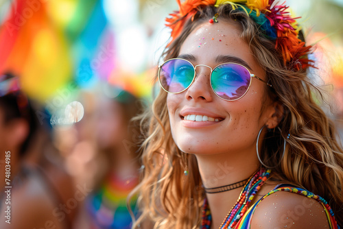 Young beautiful woman posing on rainbow flag and crowd background on gay pride, LGBTQ event