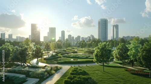 Public parks is surrounded by skyscrapers cityscape in the metropolis city center. Green environment city and downtown business district in panoramic view with cloudy sky