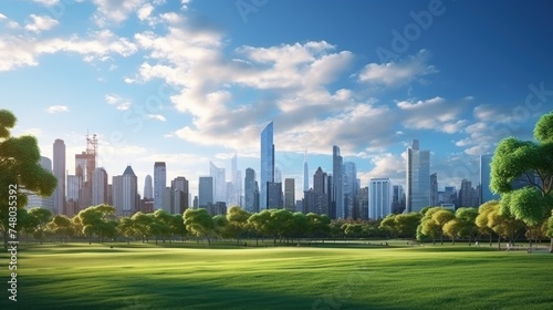 Public parks is surrounded by skyscrapers cityscape in the metropolis city center. Green environment city and downtown business district in panoramic view with cloudy sky © inthasone