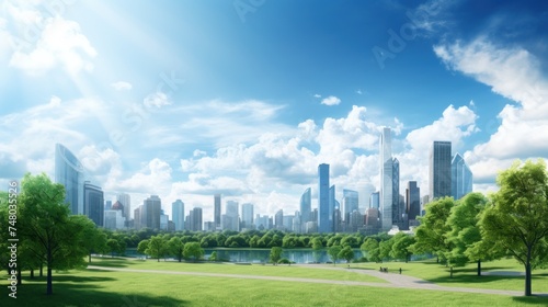 Public parks is surrounded by skyscrapers cityscape in the metropolis city center. Green environment city and downtown business district in panoramic view with cloudy sky