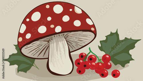  Vector drawing of flat mushroom, toadstool cap and red curran photo