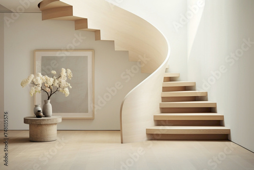 Ascending into serenity  a beige staircase embodies the essence of Scandinavian design  with its clean lines and understated elegance.