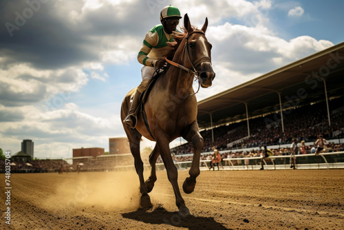 rider shows his skill and virtuosity in controlling a horse in a derby photo