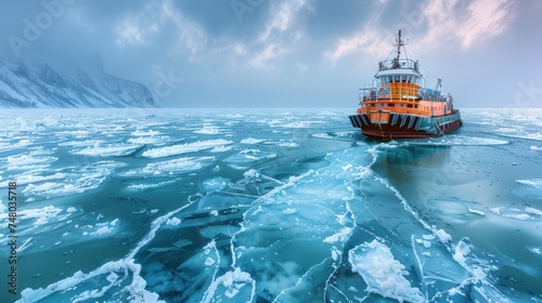 Power and majesty of an icebreaking vessel as it navigates through icy waters, carving a path forward in the frozen expanse of a tranquil lake.
