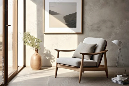 Scandinavian simplicity meets creative potential in a living room featuring an empty-framed chair.