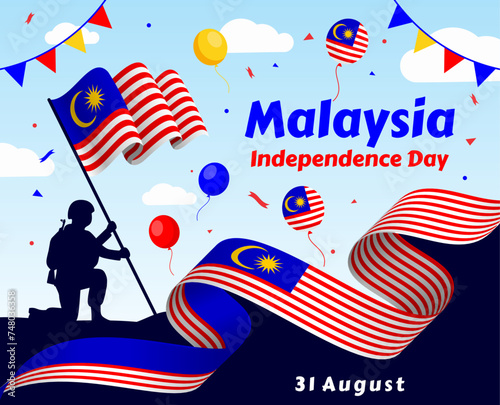 31 August - Malaysia Independence Day greeting banner. Malaysian with Jalur Gemilang (national flag) & cityscape silhouette. Flat design. Merdeka means independent or freedom

 photo