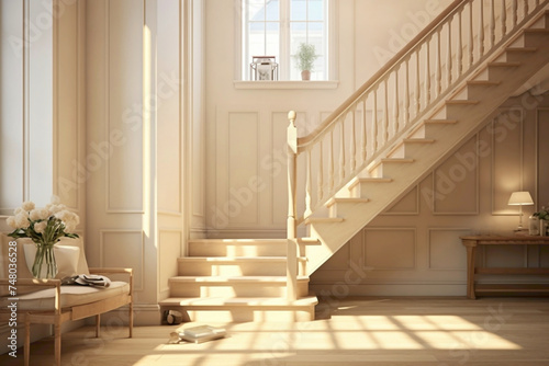 Whispers of Scandinavian simplicity resonate in the graceful ascent of a beige staircase  bathed in the soft glow of natural light.